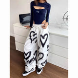 FOESCE Love Graffiti Wide Leg Pants Women Y2K Elastic High Waist Streetwear Loose Drawstring Jogging Trousers Korean Casual Sweatpants