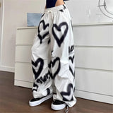 FOESCE Love Graffiti Wide Leg Pants Women Y2K Elastic High Waist Streetwear Loose Drawstring Jogging Trousers Korean Casual Sweatpants