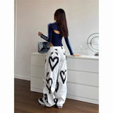 FOESCE Love Graffiti Wide Leg Pants Women Y2K Elastic High Waist Streetwear Loose Drawstring Jogging Trousers Korean Casual Sweatpants