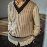FOESCE Maden Retro Ivy Knit V-Neck Sweaters Vest Color-Block Sleeveless Classic Versatile Men's Khaki Tops with Preppy Style for Autumn