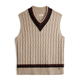 FOESCE Maden Retro Ivy Knit V-Neck Sweaters Vest Color-Block Sleeveless Classic Versatile Men's Khaki Tops with Preppy Style for Autumn