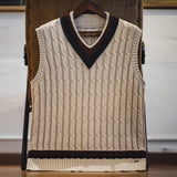 FOESCE Maden Retro Ivy Knit V-Neck Sweaters Vest Color-Block Sleeveless Classic Versatile Men's Khaki Tops with Preppy Style for Autumn