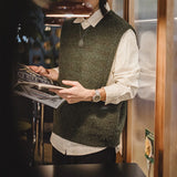 FOESCE Maden Retro Knitted V-neck Vest for Layering Solid Pullover Warm Sleeveless Waistcoat for Men's Fall and Winter Knitted Tops