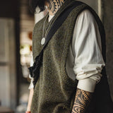 FOESCE Maden Retro Knitted V-neck Vest for Layering Solid Pullover Warm Sleeveless Waistcoat for Men's Fall and Winter Knitted Tops