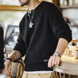 FOESCE Maden Workwear American Retro Black Knitted Henley Shirt Vertical Stripe Pullover Sweater for Men Autumn and Winter