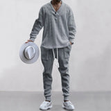 FOESCE Male Beach Set Quick Dry Hawaiian Casual Pants V-neck All Matching Jacquard Knit Men's Suit Solid Color Long-Sleeved Top+Pants