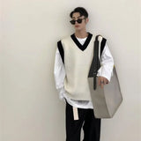 FOESCE Man Clothes Beige Vest Waistcoat Knitted Sweaters for Men V Neck Sleeveless Order Korean Fashion Over Fit Knit Large Big Size X