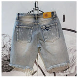 FOESCE Man Denim Shorts with Text Ripped Embroidery Short Jeans Pants for Men Designer Popular New in Original Trend 2025 Summer Retro