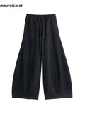 FOESCE Mauroicardi Autumn Black Flowy Baggy Wide Leg Pants for Mens with Drawstring Elastic Waist Streetwear Loose Casual Soft Trousers