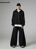 FOESCE Mauroicardi Autumn Black Flowy Baggy Wide Leg Pants for Mens with Drawstring Elastic Waist Streetwear Loose Casual Soft Trousers