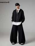 FOESCE Mauroicardi Autumn Black Flowy Baggy Wide Leg Pants for Mens with Drawstring Elastic Waist Streetwear Loose Casual Soft Trousers