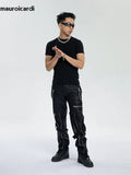FOESCE Mauroicardi Spring Autumn Cool Black Pu Leather Pants Men with Many Zippers Belt Luxury Designer Clothing Trousers Fashions 2024
