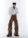 FOESCE Mauroicardi Spring Autumn Long Loose Casual Brown Black Pu Leather Pants Men Luxury Designer Clothing Wide Leg Trousers 2025