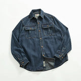 FOESCE May Khaki vintage striped denim shirt men do old wash American casual coat top