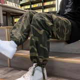 FOESCE Men Baggy Pants Camouflage Multiple Pockets Elastic Waist Ankle Tied Streetwear Spring Autumn Hip Hop Loose Trouser for Sports