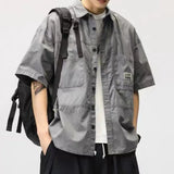 FOESCE Men Cargo Shirt Lapel Casual Cardigan Hip Hop Buttons Single-breasted Cardigan Multi Pockets Cool Summer Men Tops Men Shirt
