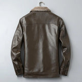 FOESCE Men Faux Leather Jacket Stylish Men's Lapel Faux Leather Jacket with Plush Lining Side Pockets Windproof Biker for Winter