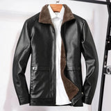 FOESCE Men Faux Leather Jacket Stylish Men's Lapel Faux Leather Jacket with Plush Lining Side Pockets Windproof Biker for Winter