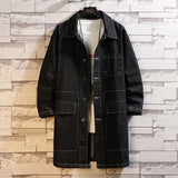 FOESCE Men Fleece Warm Long Jean Jacket Winter Women Big Pockets Turn-down Collar Trenchcoat Outerwear Fashion Black Loose Denim Coats