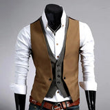 FOESCE Men Formal Waistcoat Vest Business Solid Color Single Button Vest gilet Fake Two-pieces V Neck Casual Slim chalecos para hombre