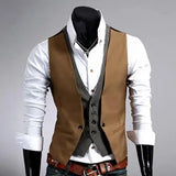 FOESCE Men Formal Waistcoat Vest Business Solid Color Single Button Vest gilet Fake Two-pieces V Neck Casual Slim chalecos para hombre