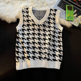 FOESCE Men Houndstooth Sweater Vests Vintage Sleeveless V-neck Knitwear College Students Couple Loose Outwear Suester Para Hombre Chic