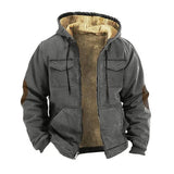FOESCE Men Jacket Casual Solid Color Plush Lining Hooded Drawstring Men Coat Zipper Closure Thermal Versatile Men Clothing With Pockets