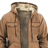 FOESCE Men Jacket Casual Solid Color Plush Lining Hooded Drawstring Men Coat Zipper Closure Thermal Versatile Men Clothing With Pockets
