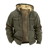 FOESCE Men Jacket Casual Solid Color Plush Lining Hooded Drawstring Men Coat Zipper Closure Thermal Versatile Men Clothing With Pockets