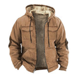 FOESCE Men Jacket Casual Solid Color Plush Lining Hooded Drawstring Men Coat Zipper Closure Thermal Versatile Men Clothing With Pockets