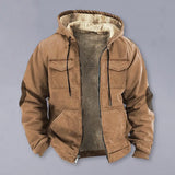 FOESCE Men Jacket Casual Solid Color Plush Lining Hooded Drawstring Men Coat Zipper Closure Thermal Versatile Men Clothing With Pockets