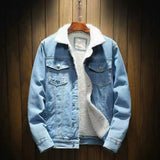 FOESCE Men Jean Jacket Thicken Lamb Cashmere Lining Solid Color Coldproof Outerwear Winter Single Breasted Denim Coat Streetwear