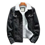 FOESCE Men Jean Jacket Thicken Lamb Cashmere Lining Solid Color Coldproof Outerwear Winter Single Breasted Denim Coat Streetwear