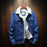 FOESCE Men Jean Jacket Thicken Lamb Cashmere Lining Solid Color Coldproof Outerwear Winter Single Breasted Denim Coat Streetwear