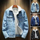 FOESCE Men Jean Jacket Thicken Lamb Cashmere Lining Solid Color Coldproof Outerwear Winter Single Breasted Denim Coat Streetwear