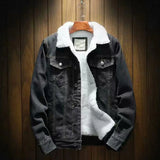 FOESCE Men Jean Jacket Thicken Lamb Cashmere Lining Solid Color Coldproof Outerwear Winter Single Breasted Denim Coat Streetwear