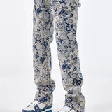FOESCE Men Jeans Jacquard Washed Cargo Casual Straight Pants Streetwear Fashion Hip Hop Retro Trend Trousers Male Men'S Clothing 2025
