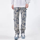 FOESCE Men Jeans Jacquard Washed Cargo Casual Straight Pants Streetwear Fashion Hip Hop Retro Trend Trousers Male Men'S Clothing 2025