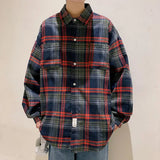 FOESCE Men Plaid Shirt Check Shirts Men Plaid Long Sleeve Oversized Shirts Streetwear Cardigan Chest Pocket Loose Shirt Loose Plaid Top