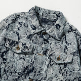 FOESCE Men Ripped Distressed Denim Jacket Flower Jacquard Weave Embroidery Coat Loose Long Sleeve Outerwear