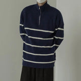 FOESCE Men's Autumn Winter Knitted Top Long Sleeve Lapel Loose-fit Vintage Casual Half-zip Striped Shoulder Sweater