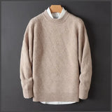 FOESCE Men's Cashmere Sweater Loose and Thick Jacquard Crewneck Sweater Autumn and Winter New Solid Color Men's Knit Bottom Sweater