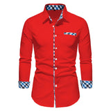 FOESCE Men's Casual Fashion Black and White Business Lapel Button Shirt Red Blue White Shirt S-6XL