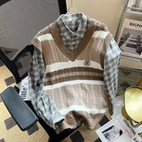 FOESCE Men's Clothing Japanese Style Striped Embroidery Vintage All Match Sweater Vest Casual V Neck Sleeveless Loose Knitted Waistcoat
