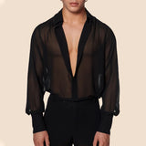 FOESCE Men's Clothing Mesh See Through Mesh Sexy Long Sleeve Shirt Solid Color Button-down Vintage Streetwear Retro Party Tops S-XL
