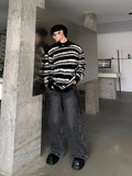 FOESCE Men's Clothing Mohair Black And White Striped Design Plush Sweater Autumn And Winter Knitwear Top pullover pull homme hiver