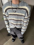 FOESCE Men's Clothing Mohair Black And White Striped Design Plush Sweater Autumn And Winter Knitwear Top pullover pull homme hiver