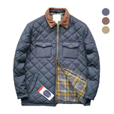 FOESCE Men's Diamond Check Clamp Cotton Jacket Waterproof With Pocket Cargo Coats Vintage Casual Outerwear Male