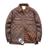 FOESCE Men's Diamond Check Clamp Cotton Jacket Waterproof With Pocket Cargo Coats Vintage Casual Outerwear Male