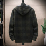FOESCE Men's Fleece Warm Cardigan Plaid Sweater Hooded Winter Clothes Korean Knit Coat Full Zip Cardigans Jacket Fashion Jumper